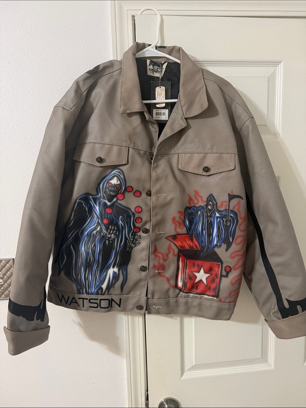 Gray Graphic WATSON Bomber Jacket with Skeleton Artwork